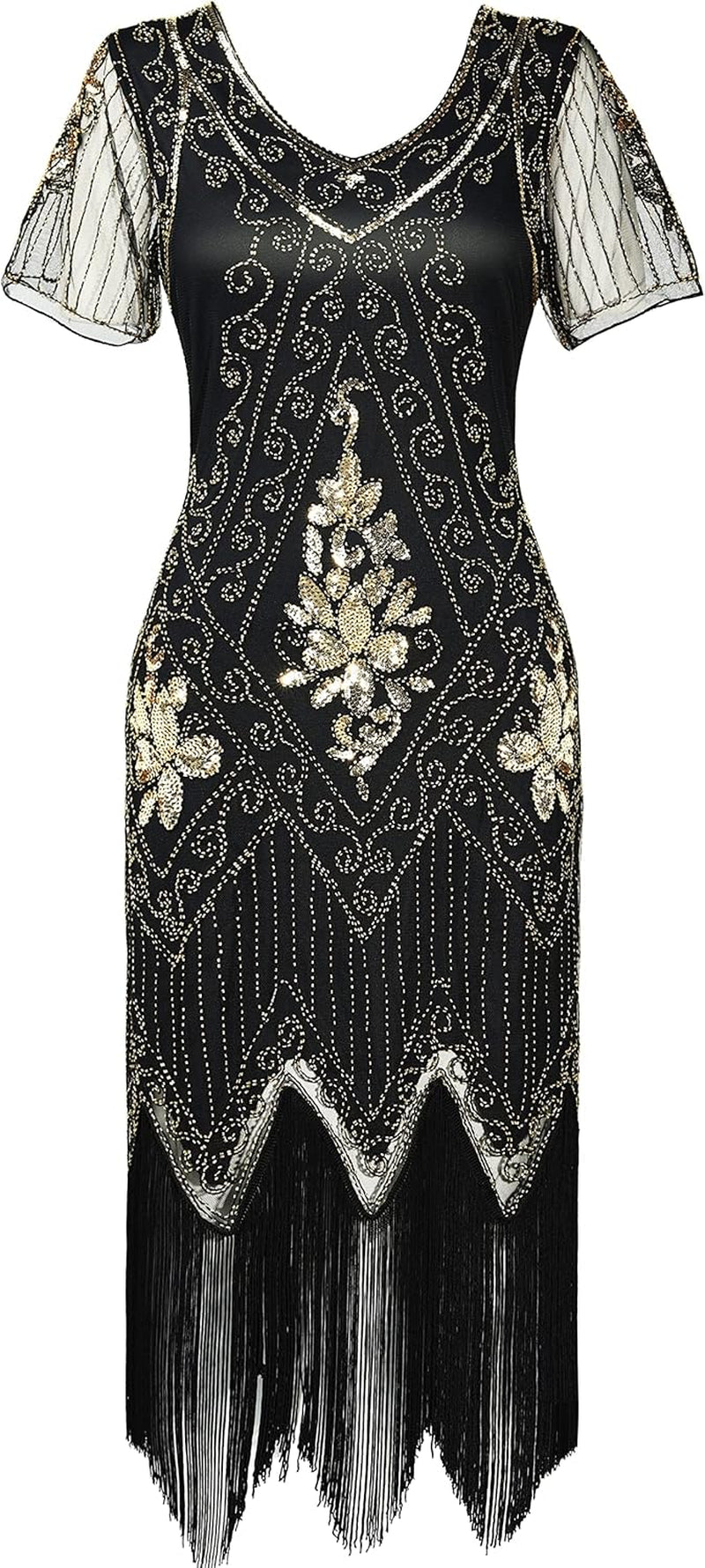 1920S Art Deco Fringed Sequin Dress Roaring 20S Flapper Fancy Dress