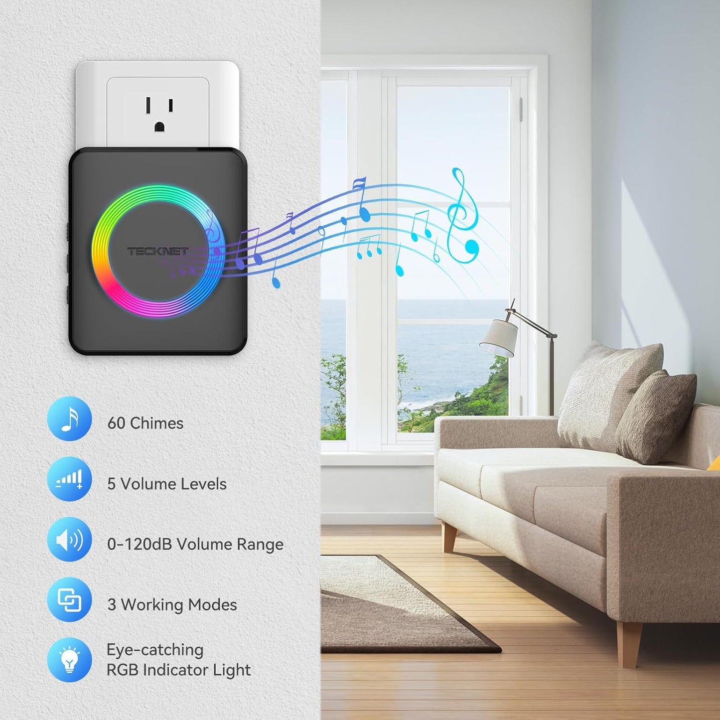 Wireless Doorbell with 2 Plug-In Receivers, IP65 Waterproof Doorbells for Home, 1300Ft Operating Range, 60 Melodies & 5 Volume Levels of 0-120 Db, RGB Light for Hearing Impaired