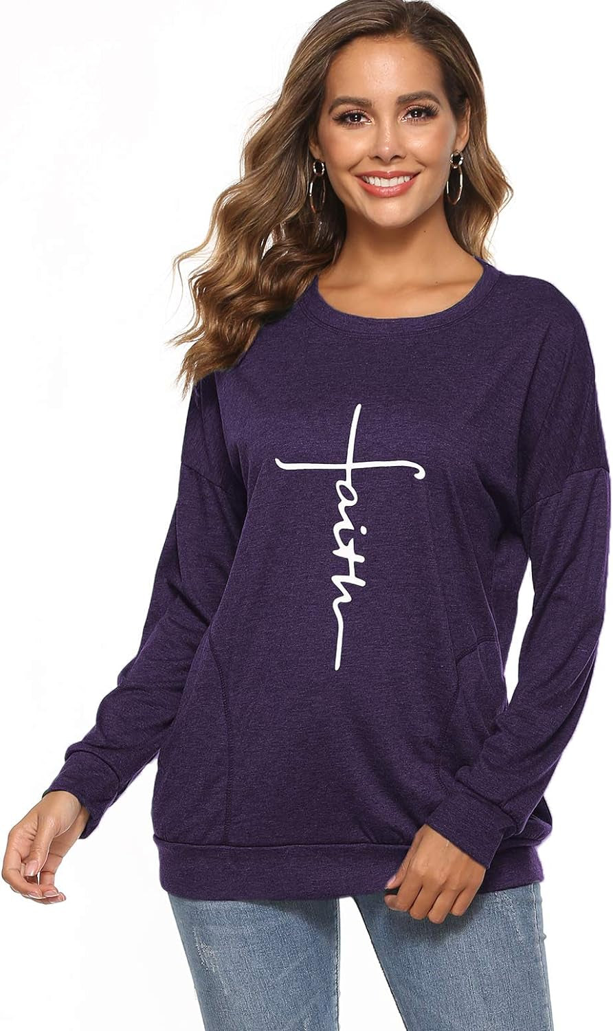 Women'S Faith Sweatshirt Loose Fit Long Sleeve Crewneck Christian Letter Print Tunic Tops with Pocket