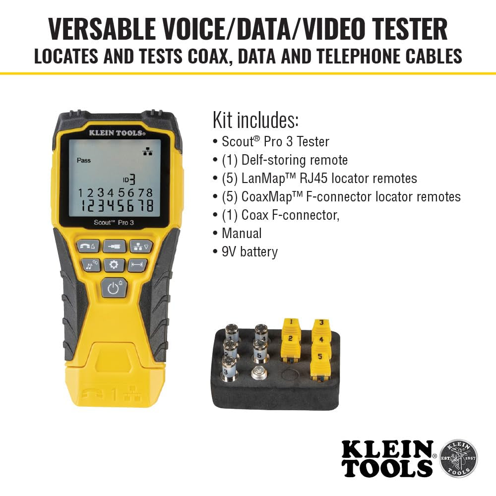 VDV501-851 Cable Tester Kit with Scout Pro 3 for Ethernet / Data, Coax / Video and Phone Cables, 5 Locator Remotes