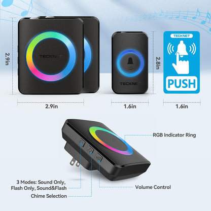 Wireless Doorbell with 2 Plug-In Receivers, IP65 Waterproof Doorbells for Home, 1300Ft Operating Range, 60 Melodies & 5 Volume Levels of 0-120 Db, RGB Light for Hearing Impaired