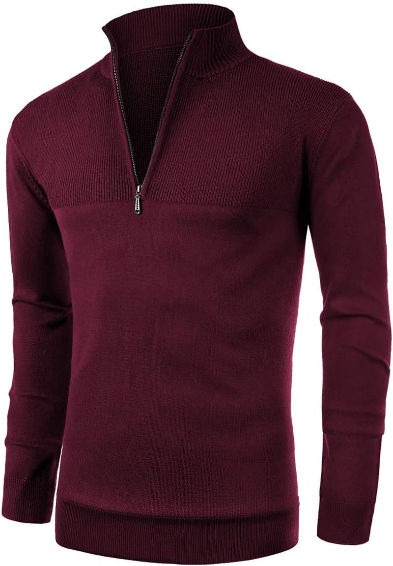 Mens Slim Fit Zip up Mock Neck Polo Sweater Casual Long Sleeve Sweater and Pullover Sweaters with Ribbing Edge