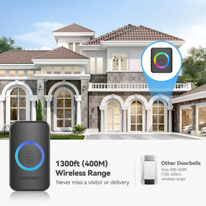 Wireless Doorbell with 2 Plug-In Receivers, IP65 Waterproof Doorbells for Home, 1300Ft Operating Range, 60 Melodies & 5 Volume Levels of 0-120 Db, RGB Light for Hearing Impaired