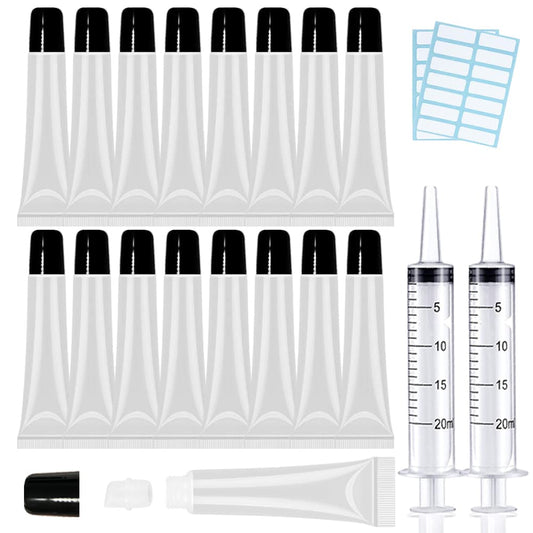 50PCS Lip Gloss Tubes 20Ml Black Cap Lip Gloss Containers Empty Lip Balm Tubes Cosmetic Lipgloss Tubes + 2 X 20Ml Syringes Tag Labels for DIY Lip Gloss Base Glitter