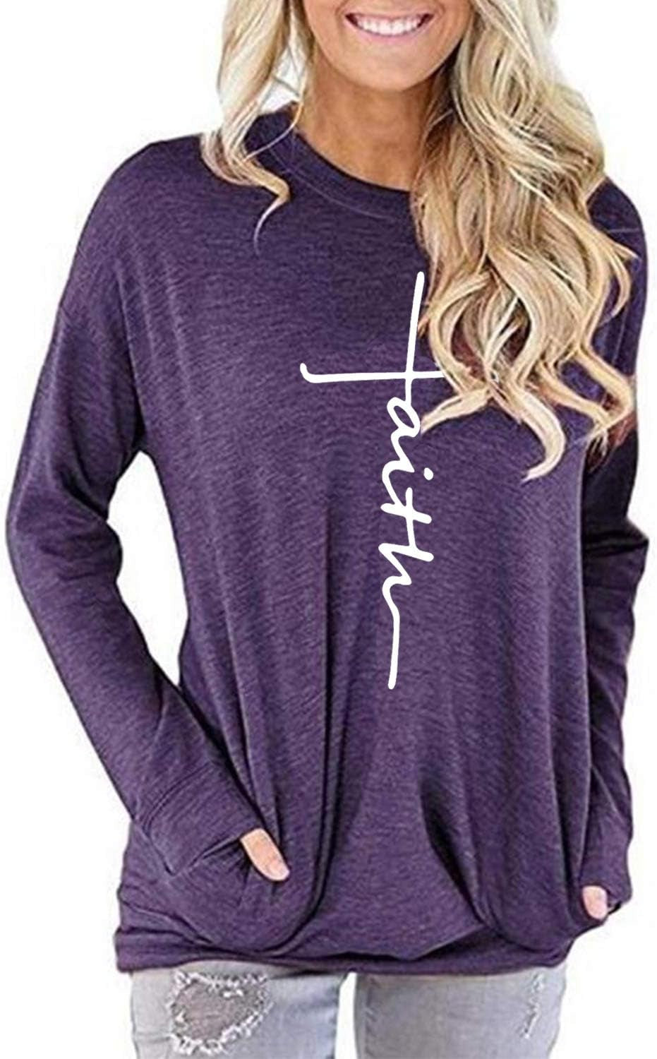 Women'S Faith Sweatshirt Loose Fit Long Sleeve Crewneck Christian Letter Print Tunic Tops with Pocket