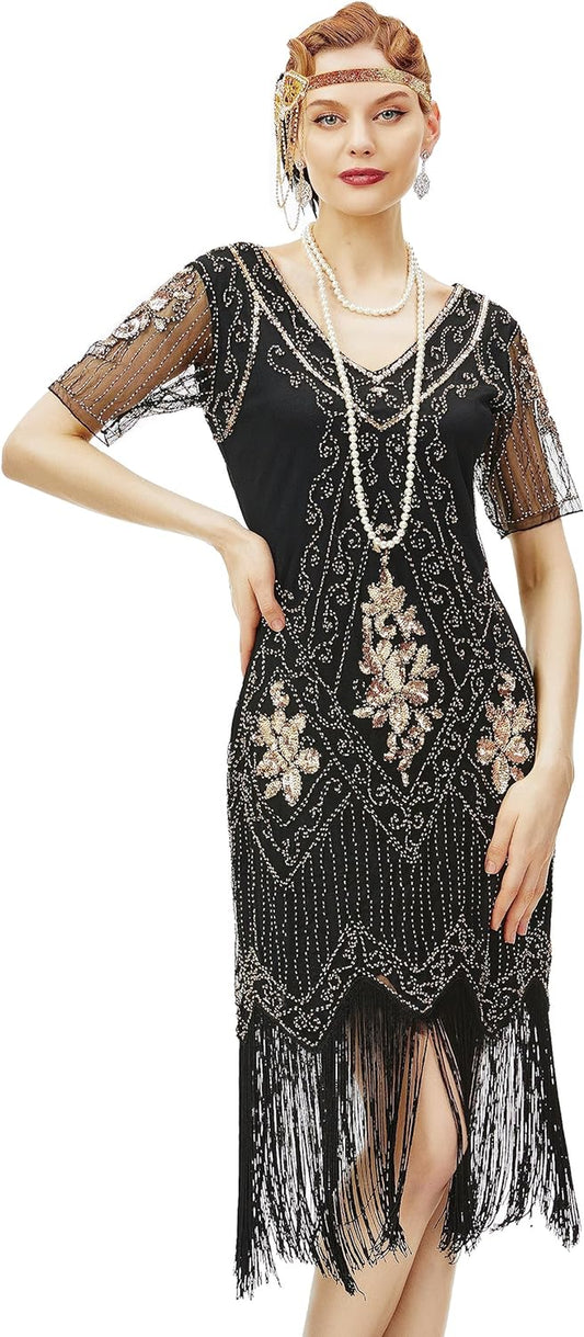 1920S Art Deco Fringed Sequin Dress Roaring 20S Flapper Fancy Dress