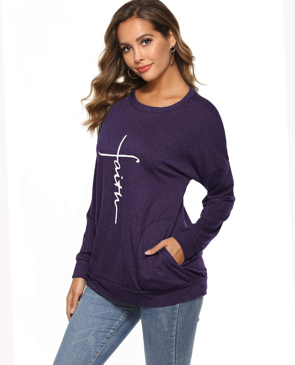 Women'S Faith Sweatshirt Loose Fit Long Sleeve Crewneck Christian Letter Print Tunic Tops with Pocket