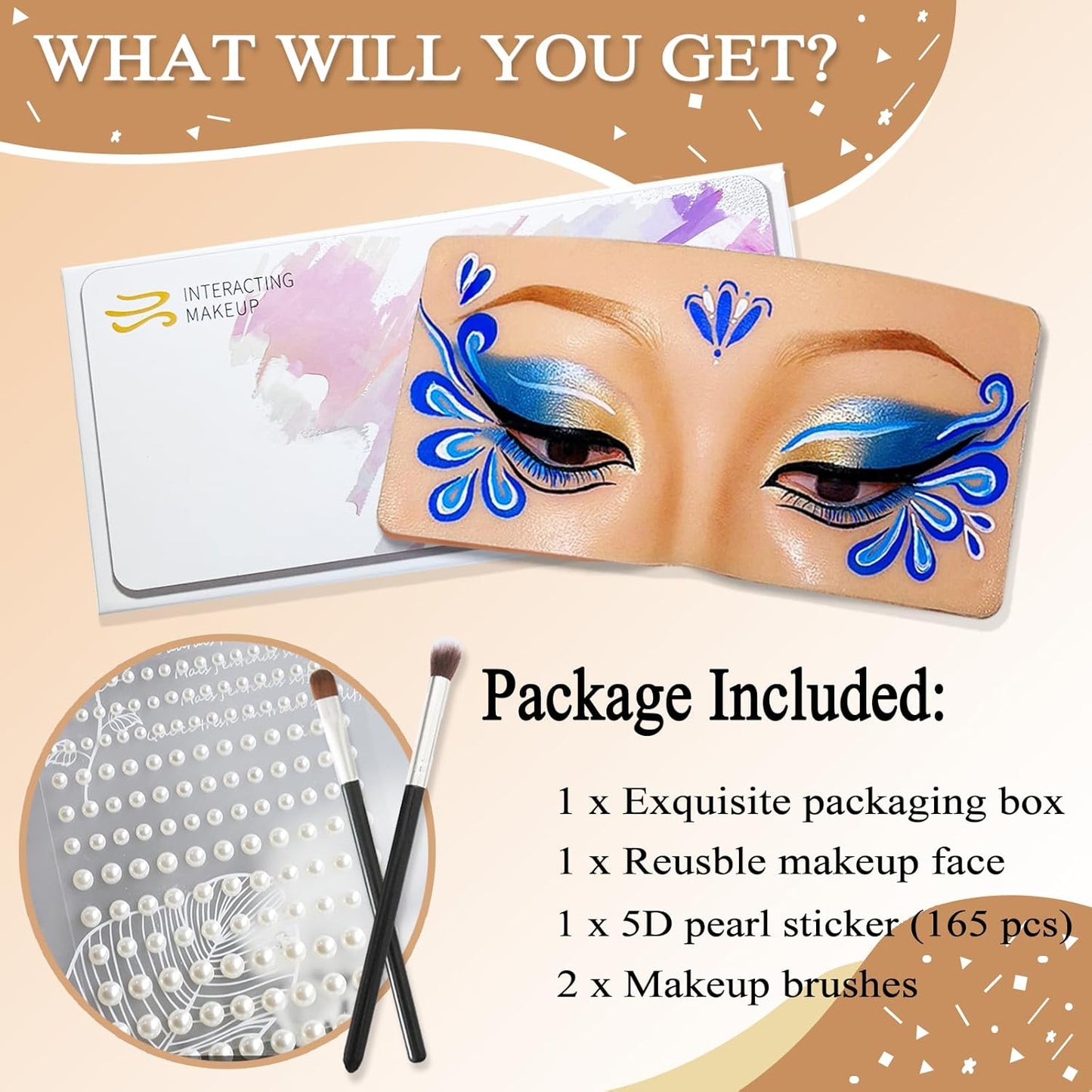 Makeup Practice Face, Silicone Makeup Practice Face Board with 165Pcs Pearl Stickers and Makeup Brushes, Suitable for Makeup Artists and Beginners to Practice Eye Face Makeup (Wheat)