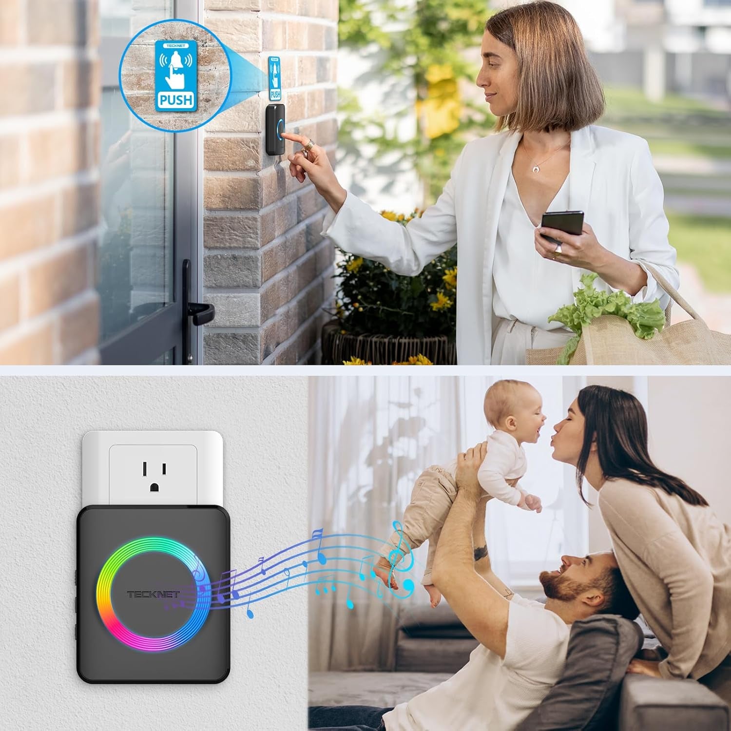 Wireless Doorbell with 2 Plug-In Receivers, IP65 Waterproof Doorbells for Home, 1300Ft Operating Range, 60 Melodies & 5 Volume Levels of 0-120 Db, RGB Light for Hearing Impaired