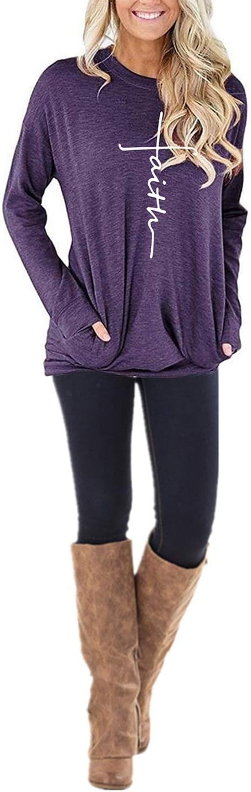 Women'S Faith Sweatshirt Loose Fit Long Sleeve Crewneck Christian Letter Print Tunic Tops with Pocket